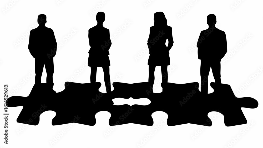 Poster silhouetted figures standing on connected puzzle pieces symbolizing teamwork and collaboration in un
