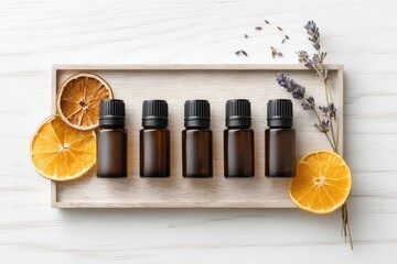 Top-view of five essential oil bottles placed in a straight row on white wooden tray on white background