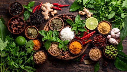 Flat lay of colorful Thai herbs and spices in wooden bowls, featuring fresh ingredients on rustic wood. Natural, organic, and culinary concept.