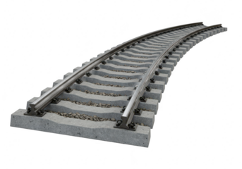 A curved railroad track made of steel rails and concrete sleepers isolated on transparent background