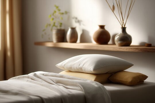Fototapeta Massage bed covered in crisp white in a minimalist spa room