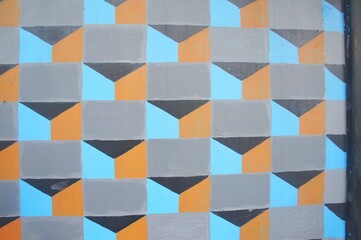 3D wall in city park with blue, grey and orange colors
