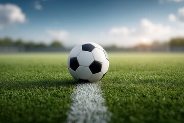 Fototapeta premium Soccer ball placed on a white line inside a soccer field
