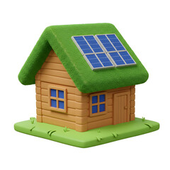 3D Eco House with Solar Panels and Grass Roof Isolated on Transparent Background