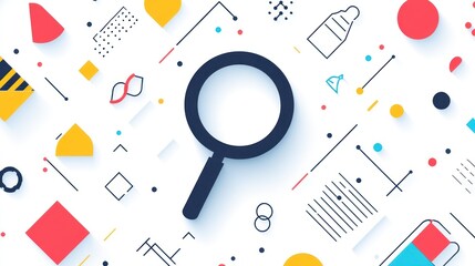 Abstract design with magnifying glass, colorful geometric shapes. Use for presentations, posters, or web pages