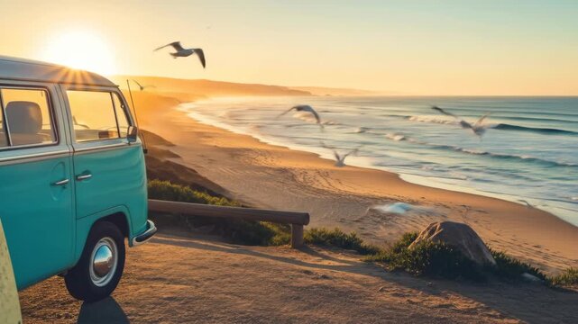 Teal van with surfboard on sandy beach coast at sunrise, travel destination. Birds flying in golden hour. Ocean waves background.