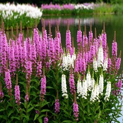 Obraz premium Vibrant pink and white flowers by water