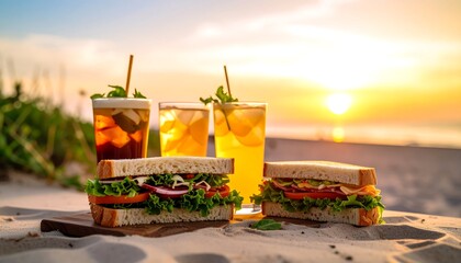Sunset beach picnic with sandwiches and iced tea