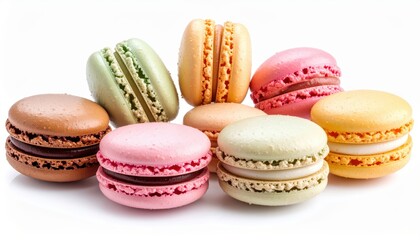 A vibrant collection of assorted French macarons in pastel colors, showcasing a variety of flavors on a white background.