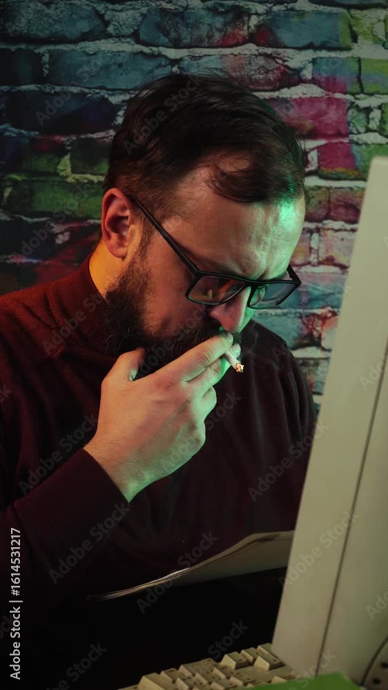Poster man from 1980's in front of desktop computer, smoking cigarette and looking at paper documents