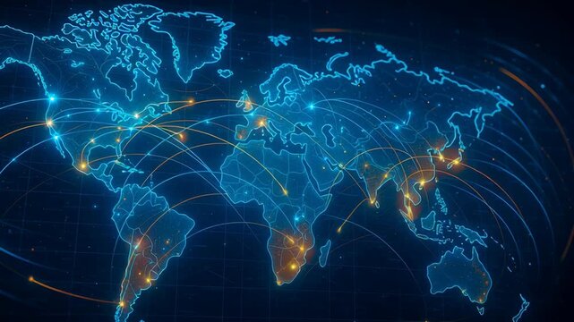 Climate data visualization. Digital world map with glowing connection lines and bright nodes showing global network communication across continents with