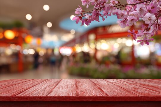 Red wooden table in a blurred Asian-themed marketplace with pink cherry blossoms - Powered by Adobe