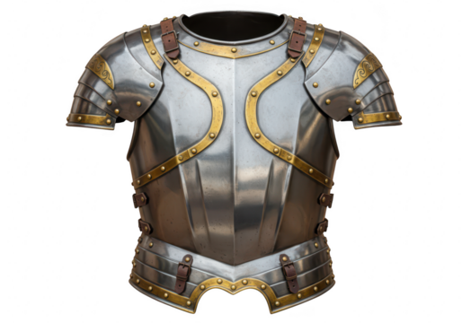 A detailed medieval knights steel breastplate armor with ornate gold accents, isolated on a transparent background