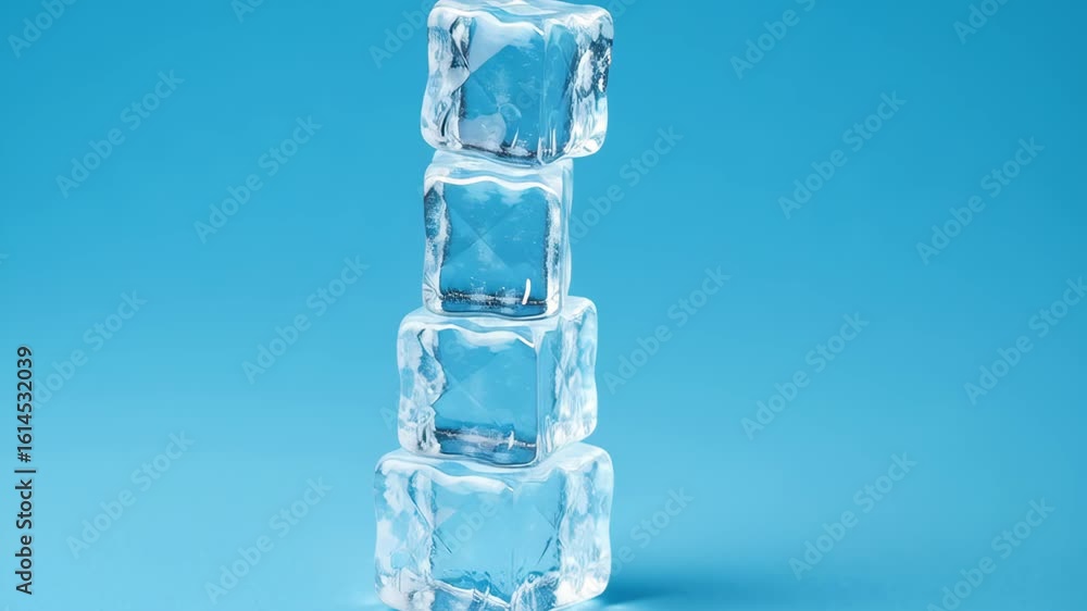 Poster climate data visualization. four transparent ice cubes stacked vertically blue background with cold 