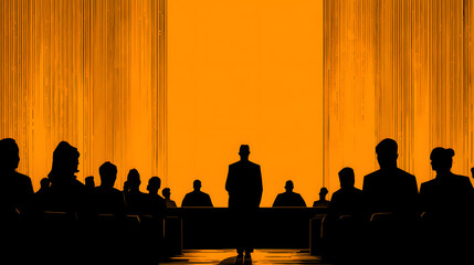 Audience attending a formal judicial or courtroom hearing with judges and lawyers present.