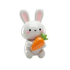 Cute 3D Cartoon Bunny Holding Carrot – Adorable White Rabbit Character on Transparent Background