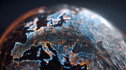 A close-up of Europe at night, with city lights illuminating the continent.