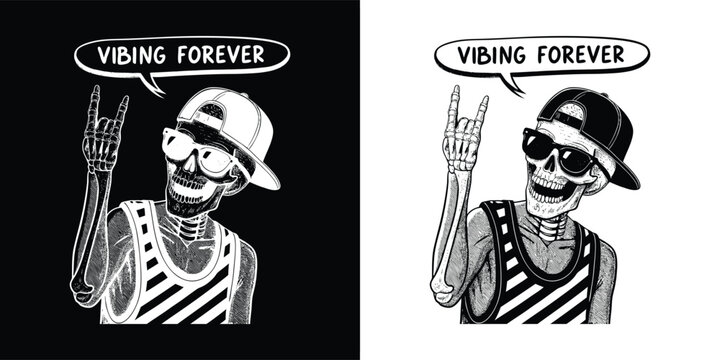 Vibing forever skeleton with sunglasses and cap making rock hand sign in striped tank top for cool retro t shirt design