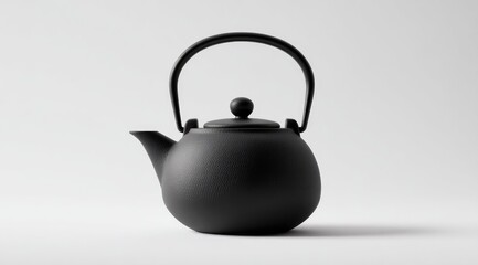 A matte black cast iron teapot with a rounded body, curved spout, and a simple arched handle sits on a plain white background.  The teapot's lid features a small, round knob