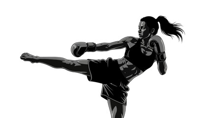 Dynamic Female Kickboxer Profile - Martial Arts Side Kick Graphic