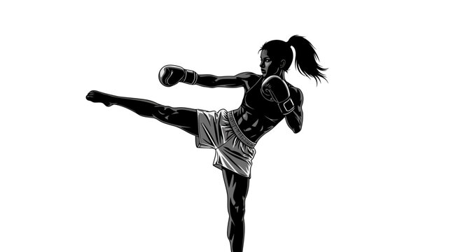 Dynamic Female Kickboxer Silhouette - Martial Arts Action Graphic