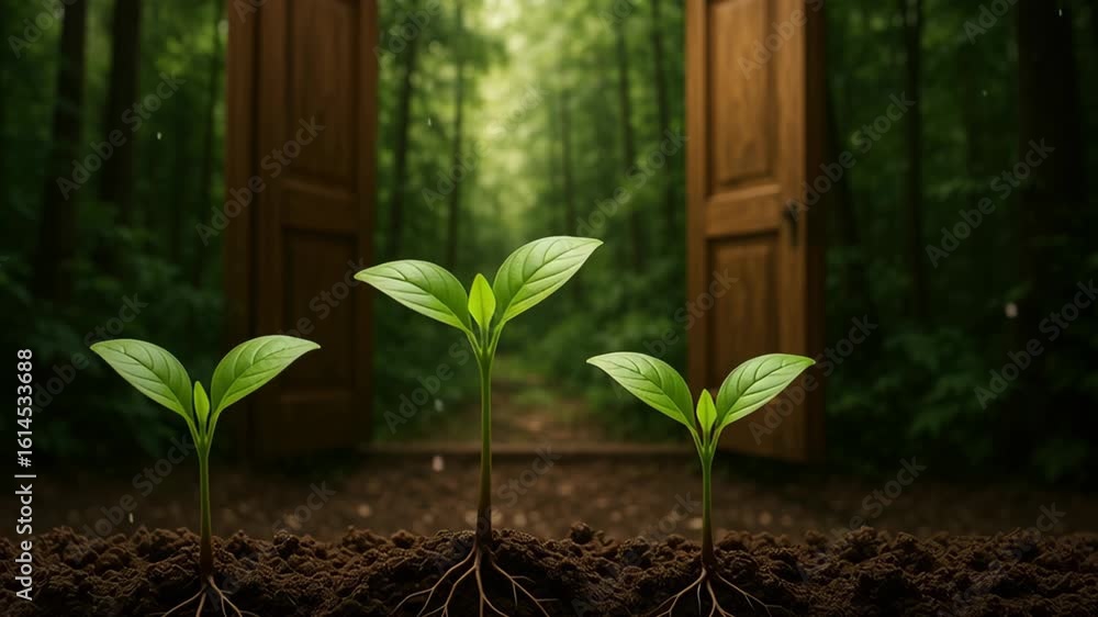 Poster climate data visualization. three small green seedlings with visible roots sprouting from rich soil 