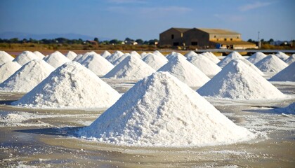 Salt piles under a clear blue sky