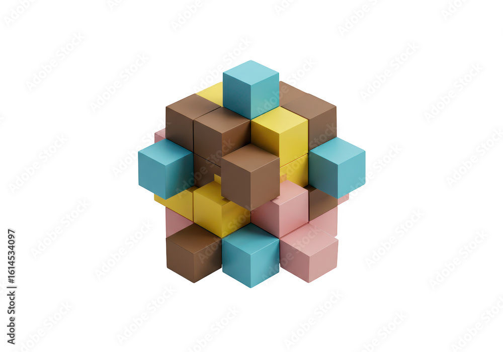 Poster a cluster of colorful wooden blocks are stacked in a geometric pattern, isolated on a transparent ba