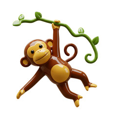 3D Cartoon Monkey Hanging on Green Jungle Vine Isolated on Transparent Background for Kids Jungle Design