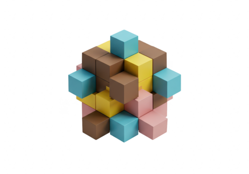 A cluster of colorful wooden blocks are stacked in a geometric pattern, isolated on a transparent background