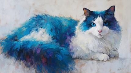 White fluffy cat with blue eyes emerging from colorful smoke
