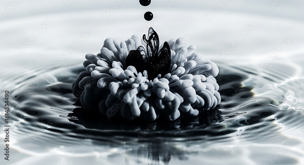 Poster black ink drops falling into water creating abstract flower with ripple effect on the surface