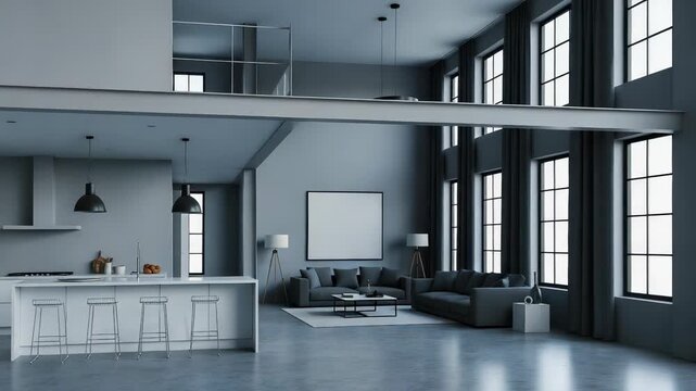 Spacious Grey Loft Apartment with Open Kitchen Living Area and Large Windows