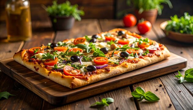 Freshly baked rectangular pizza with assorted toppings