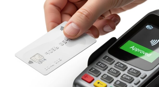 Close-up of Hand Tapping White Credit Card with Contactless Payment Terminal Displaying "Approved"