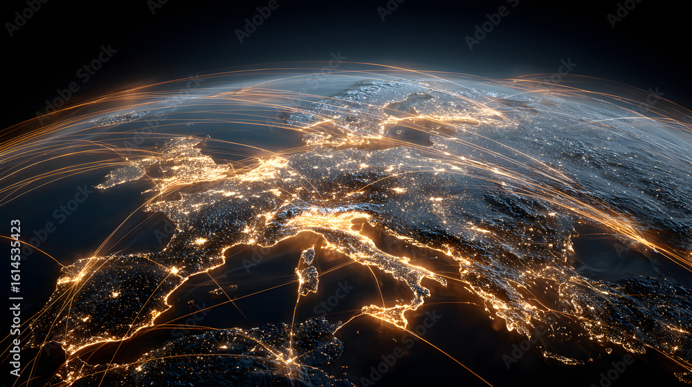 Poster europe-focused digital earth view with glowing connection lines symbolizing global data exchange.