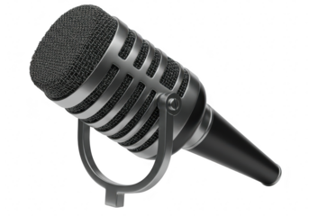 A vintage silver and black microphone tilted on its stand, isolated on a transparent background