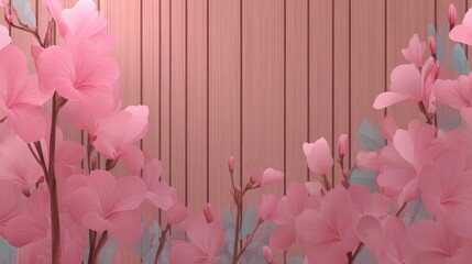 Delicate pink flowers against a light wood panel background.