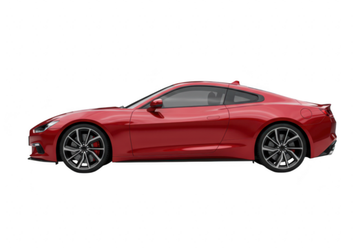 A sleek, red sports coupe car with tinted windows and stylish alloy wheels, isolated on a transparent background
