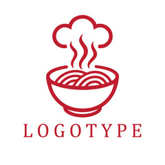 Minimalist red-and-white logo of a noodle bowl with rising steam cleverly shaped like a chef’s hat—combining warmth, culinary identity, and modern elegance in a clean, flat design.