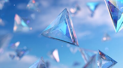 Iridescent triangular prisms float against a bright blue sky with soft clouds, creating a dreamy, ethereal scene