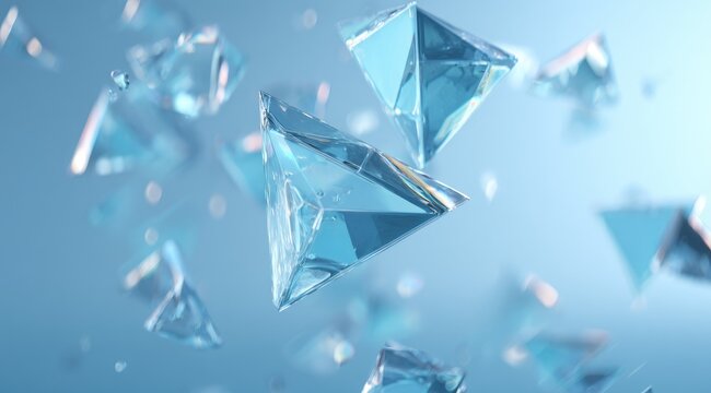 Abstract image of numerous translucent, light-blue triangular prisms floating against a soft blue backdrop, conveying a sense of lightness and ethereal beauty