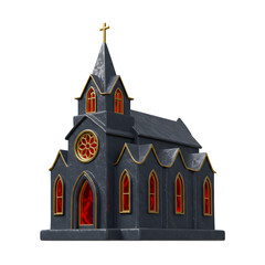 3D Render of Gothic Black Church with Red Windows and Golden Cross Isolated on Transparent Background