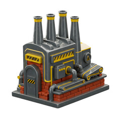 3D Render of Industrial Factory Building with Chimneys and Conveyor Isolated on Transparent Background