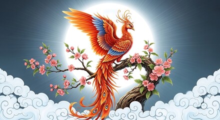 Majestic phoenix bird perched on a blossoming branch with beautiful pink flowers and clouds