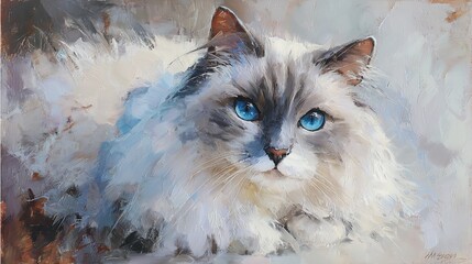 White fluffy cat with blue eyes emerging from colorful smoke