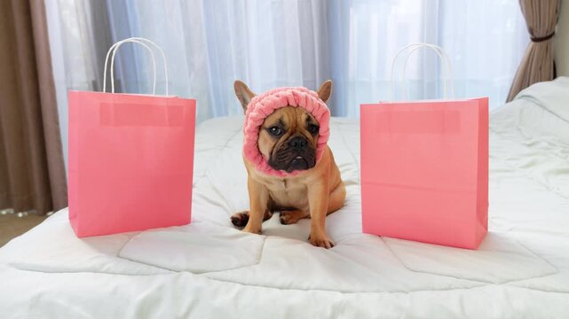 Dog wearing pink headband sits between two pink shopping bags on large bed, portrait shot. Frenchie looks with questioning gaze while maintaining poker face expression, as if hiding something