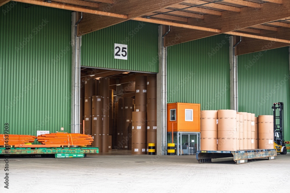 Poster an interior view of a spacious warehouse highlights organized logistics. goods are neatly arranged f