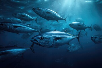 Obraz premium A school of tuna swims in deep blue ocean water, sunlight filtering from above