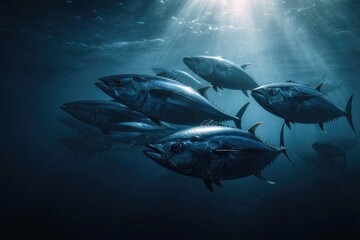 Fototapeta premium A school of tuna swims in deep, dark blue ocean water, sunlight beams from above
